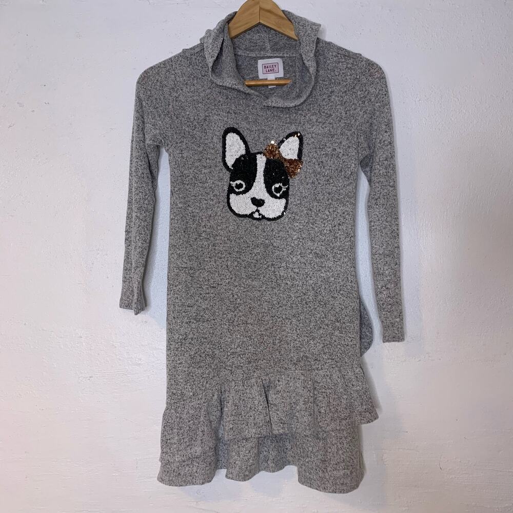 Bailey Lane Girls size M 8/10 Frenchie Dog Puppy Sequin Dress Hooded